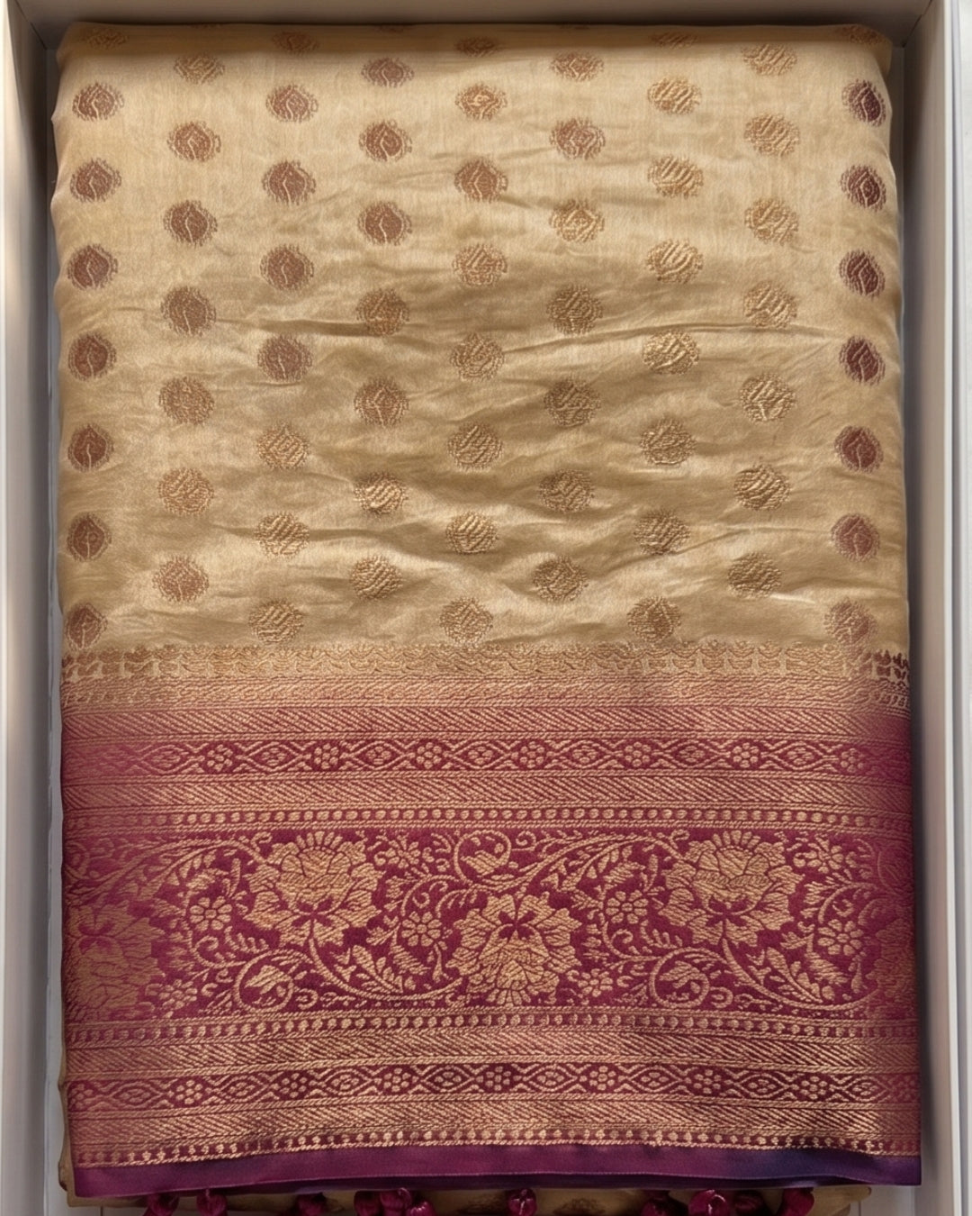 Ruhani - Cream Magenta Heritage Silk Saree