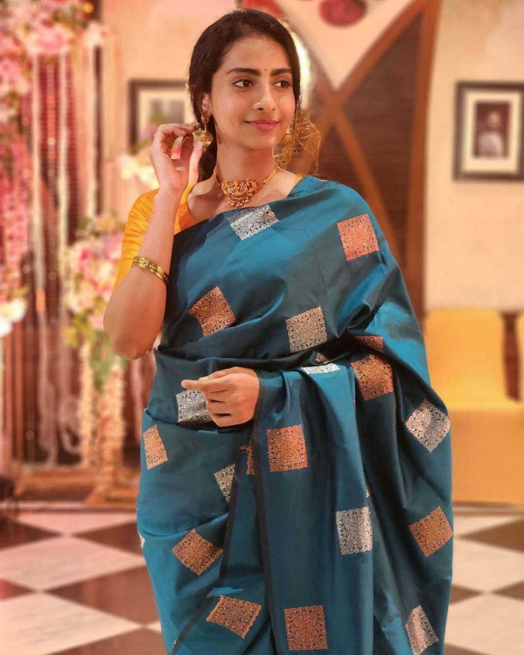 Anvitha - Teal Blue Saree with Zari Checks