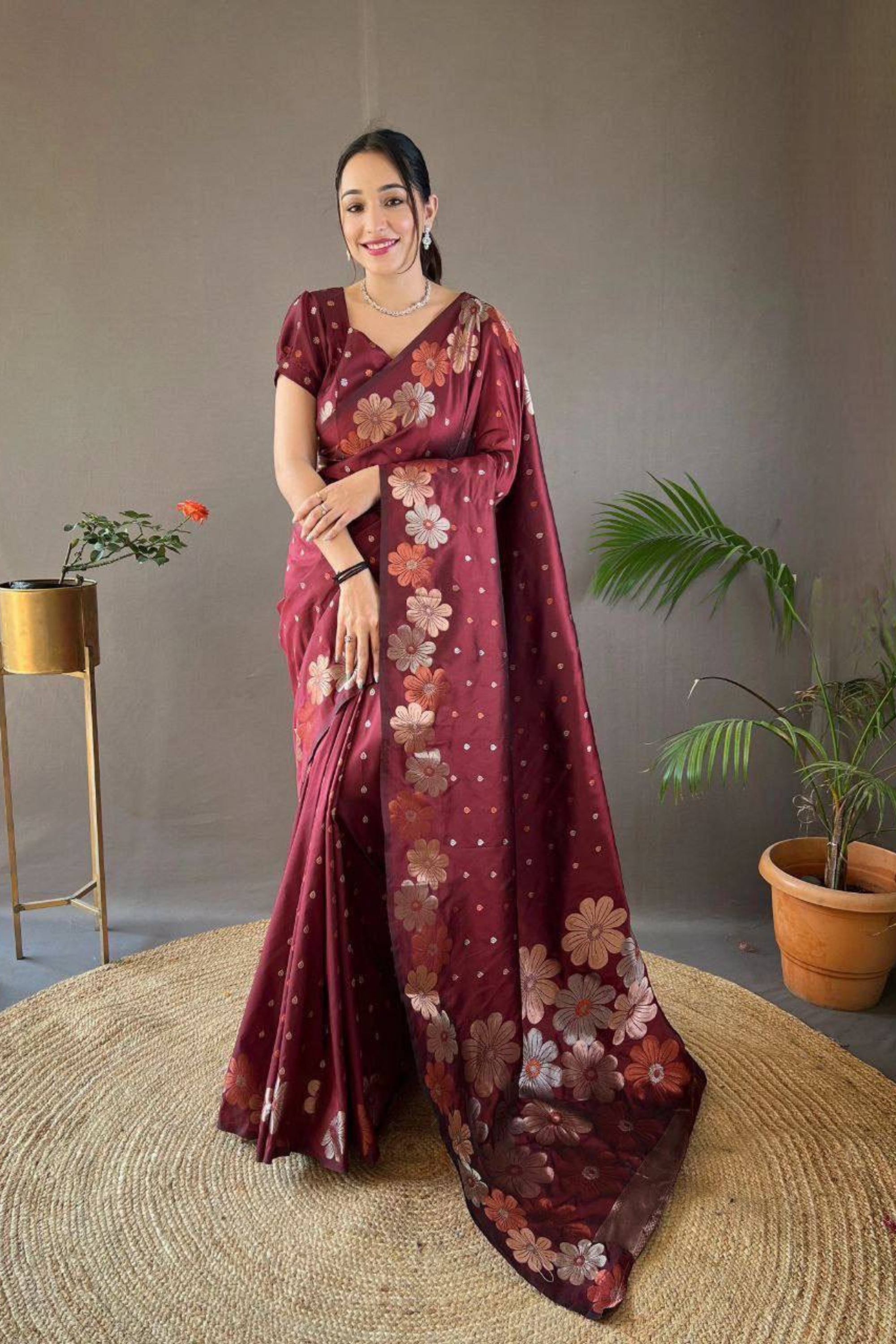 Rosette Bloom - Maroon Satin Silk Saree