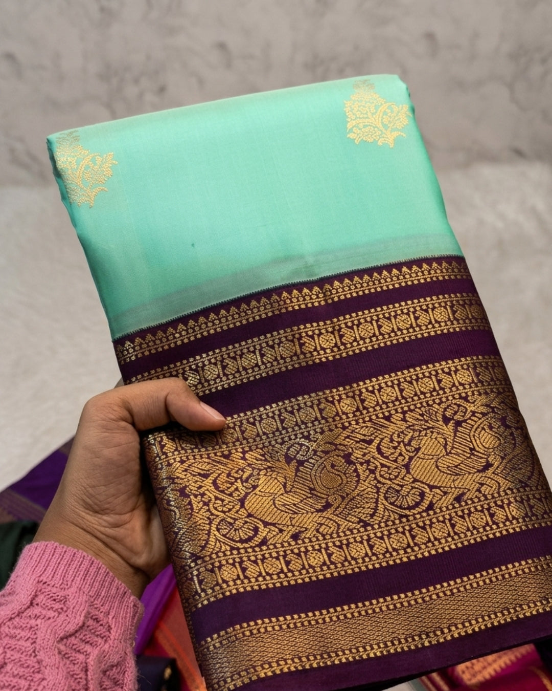 Divya - Aqua Purple Peacock Zari Silk Saree