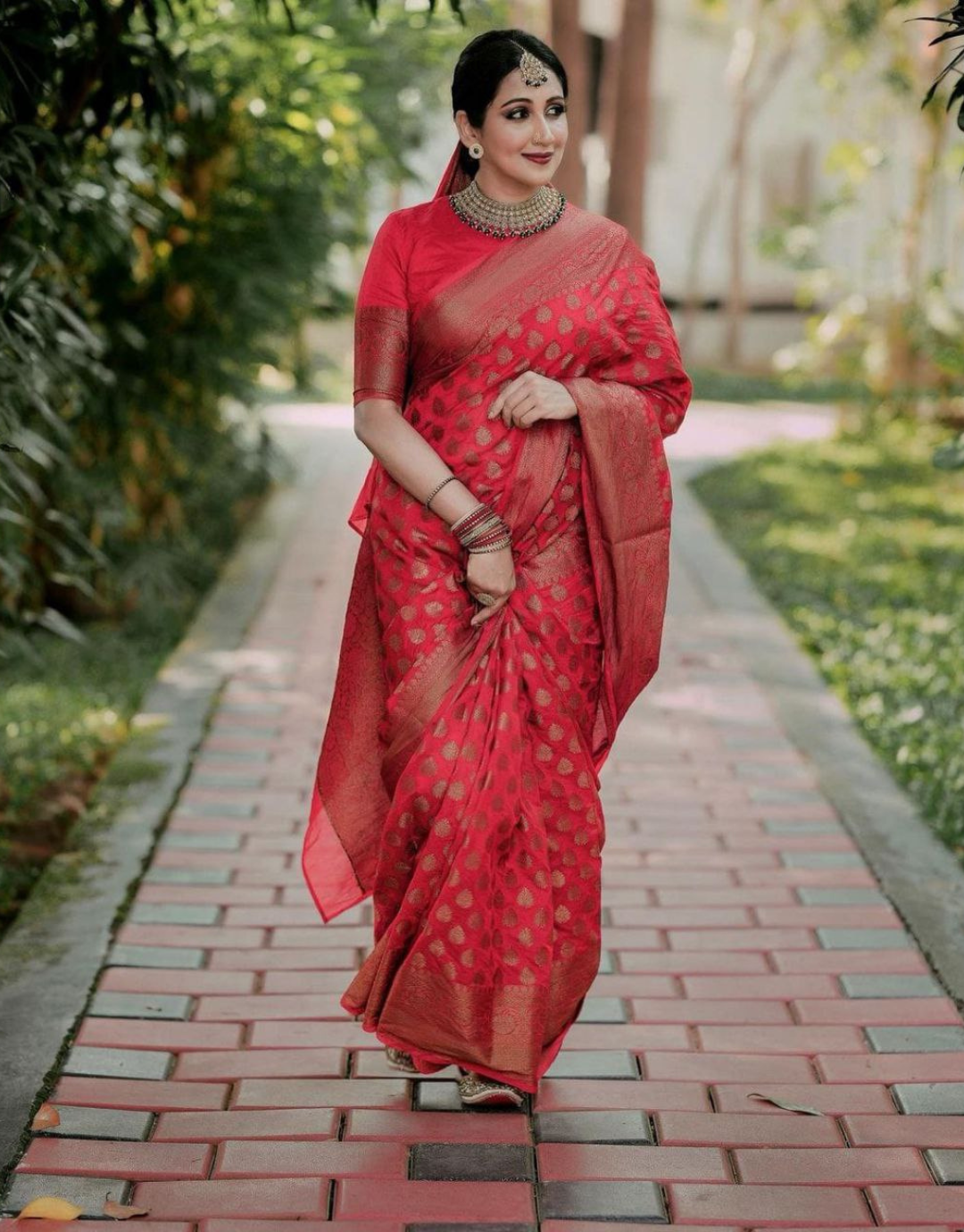 Reema Red Soft Banarasi Silk Saree With Attached Blouse