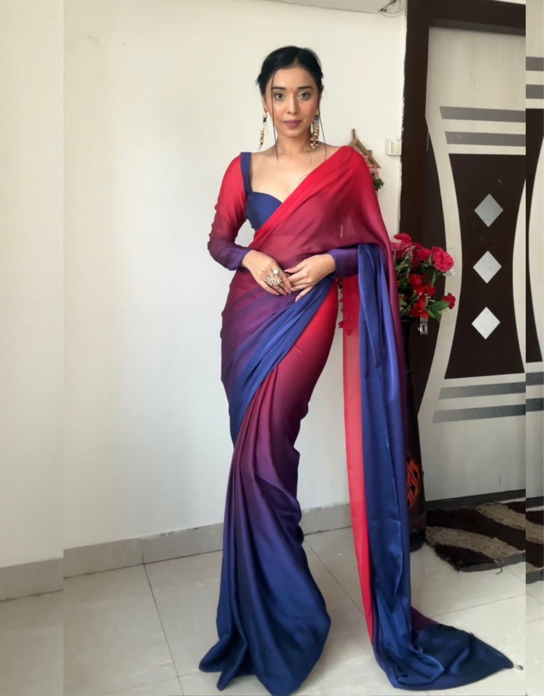 Piyu Pink And Blue 1-Minute Ready To Wear Soft Silk Saree