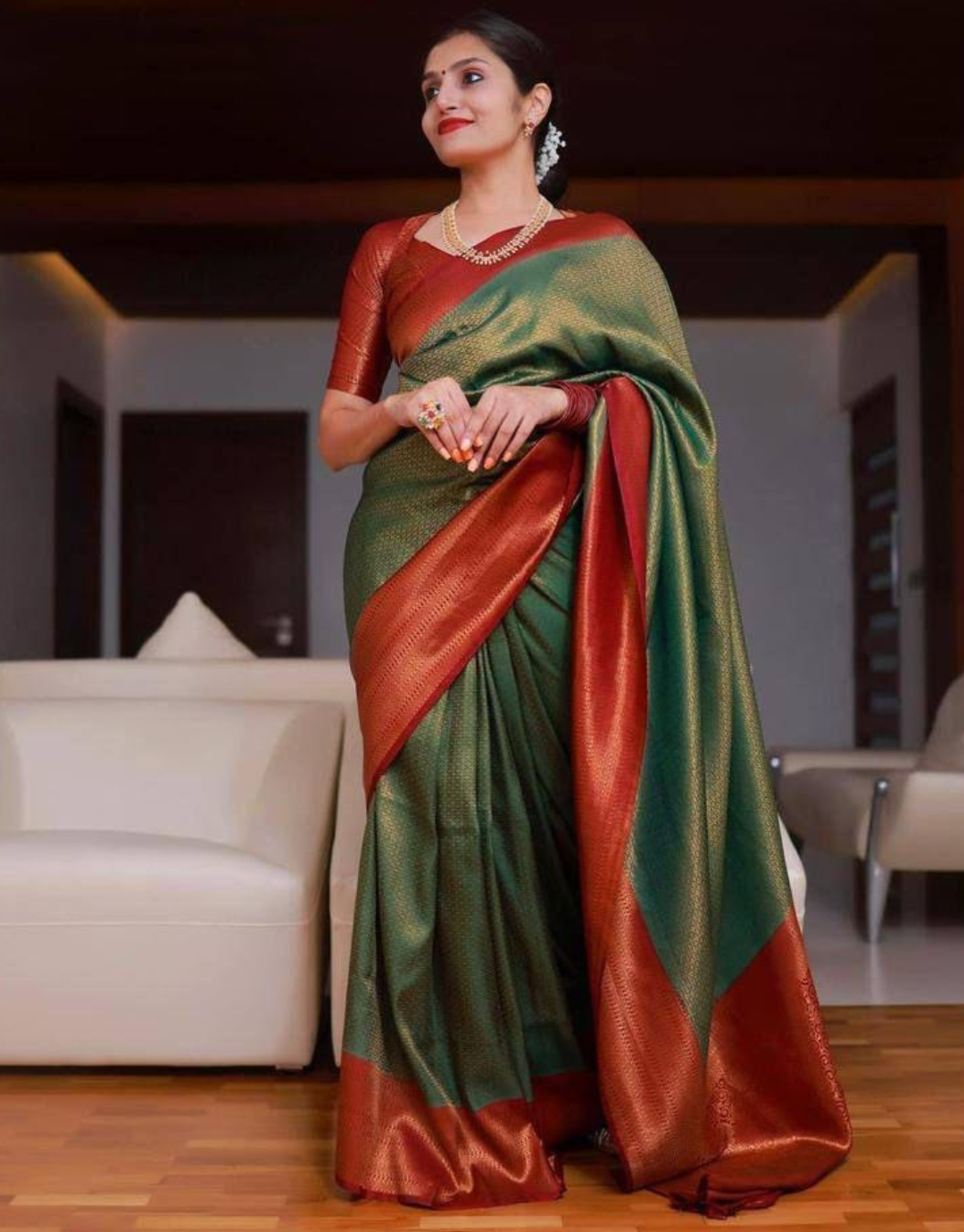 Meera Green-Red Kanchipuram Silk Saree