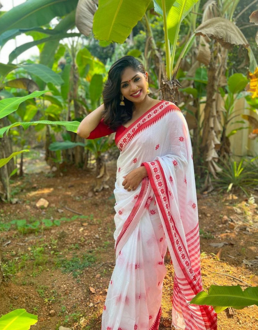 Nita White-Red Cotton Silk Saree