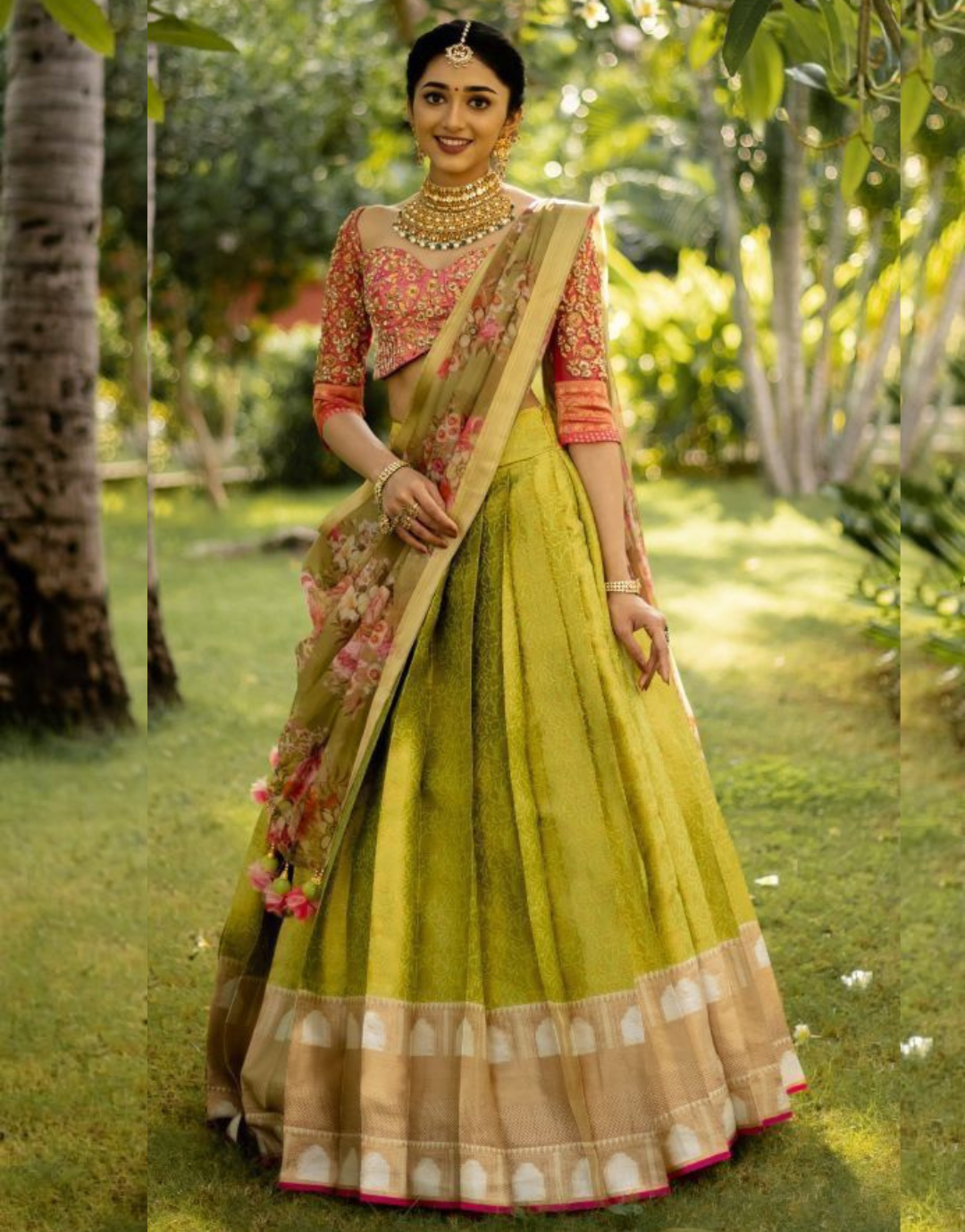 Seema Peach-Musted Yellow Kanchipuram Lehenga Choli