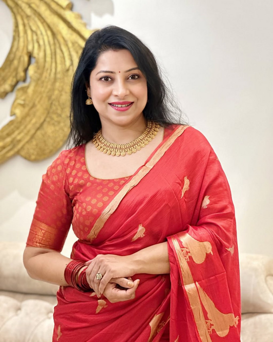 Sharvani - Brick Red Silk Saree with Leaf Motifs