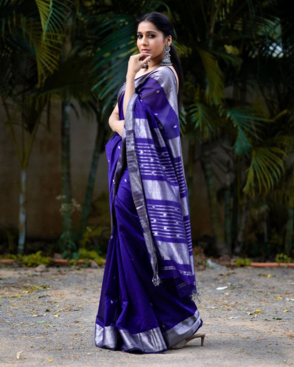 Midnight Elegance Silver Zari Cotton Silk Saree