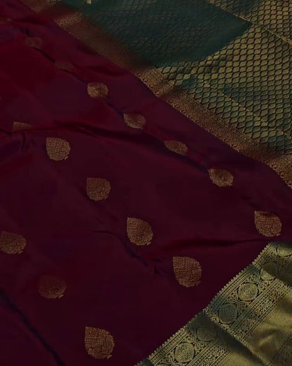 Mahima - Wine Kanchipuram Silk Saree with Rama Zari Border