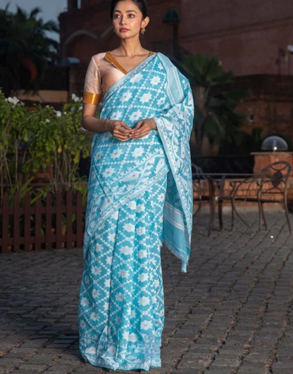 Reena Sky Blue Linen cotton Saree