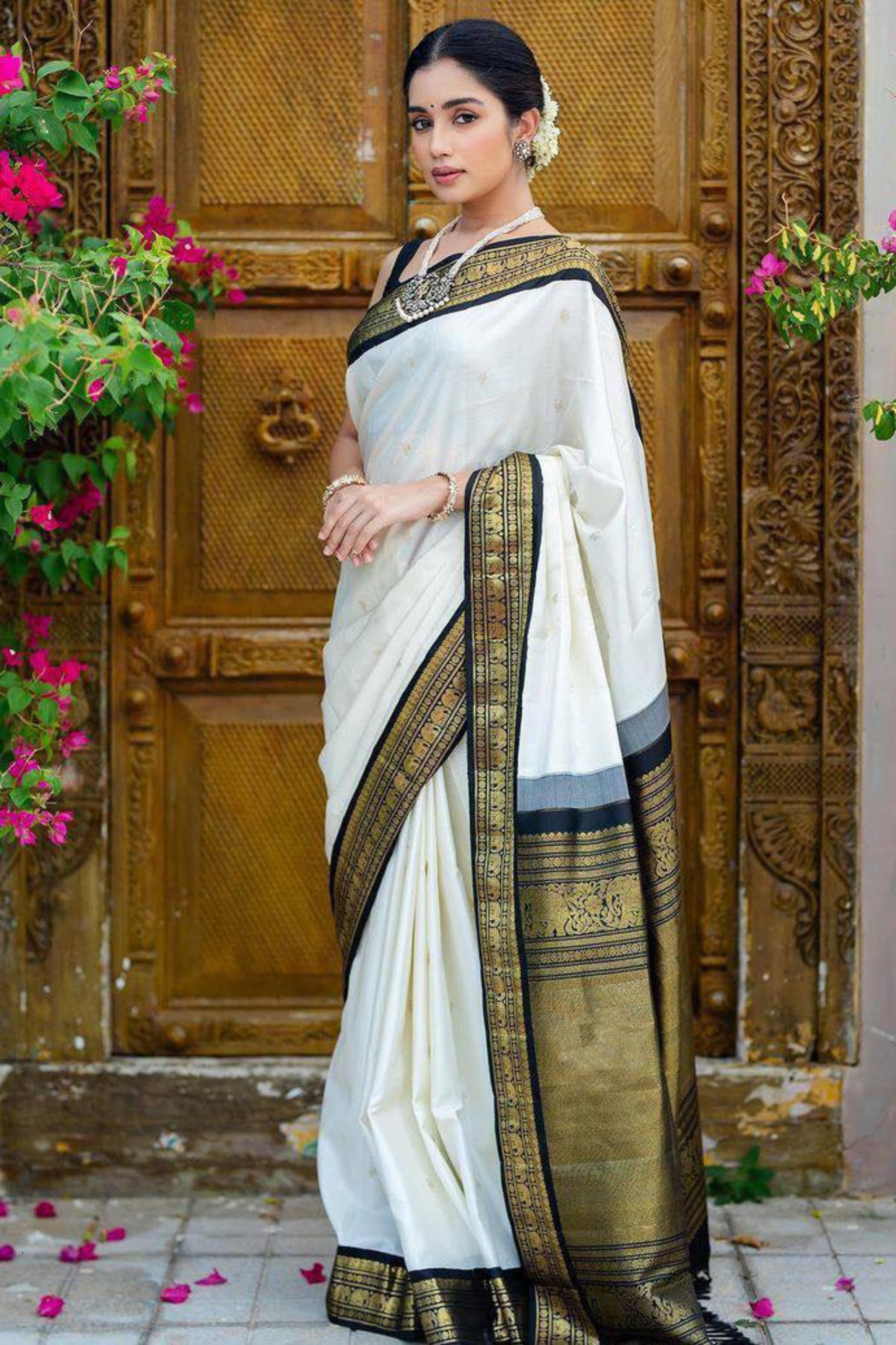 Shimmering Gold - White Lichi Soft Silk Saree