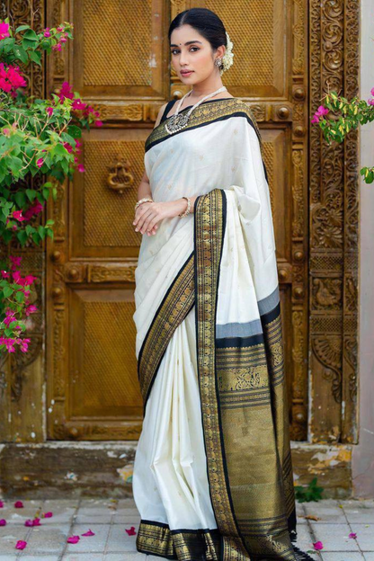 Shimmering Gold - White Lichi Soft Silk Saree