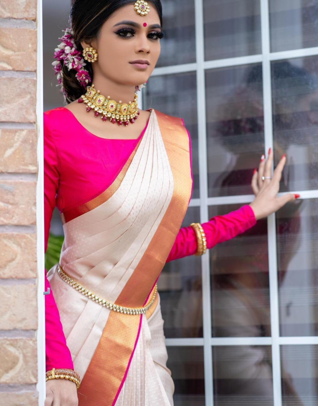 Shalu White-Pink Banarasi Silk Saree