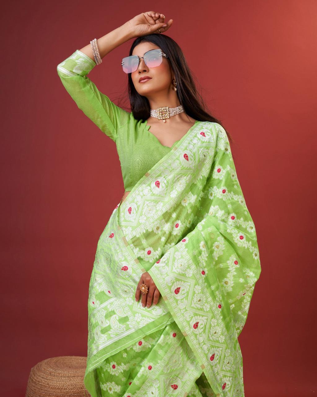 Kenvi Pista Banarasi Silk Saree