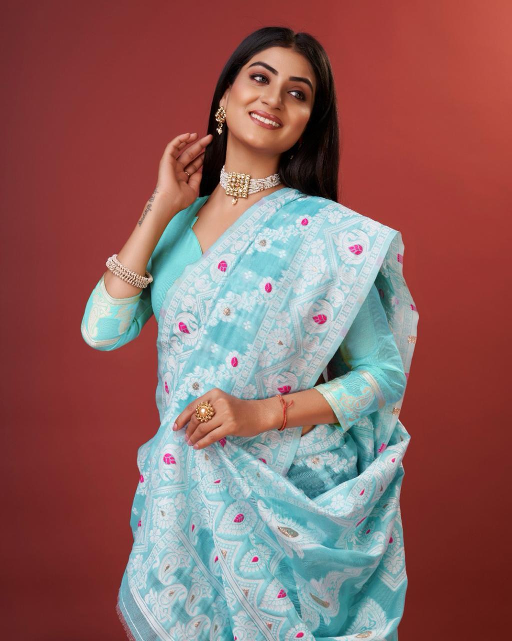 Kenvi Light Blue Banarasi Silk Saree