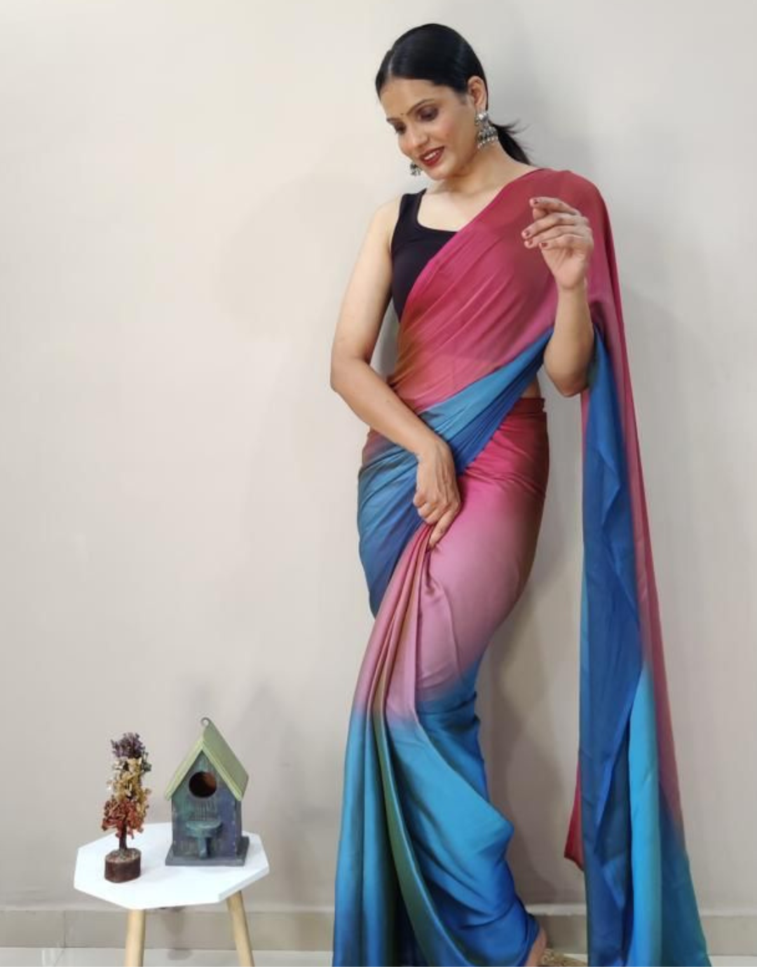 Kinjal Pink-Blue Ready To Wear Saree