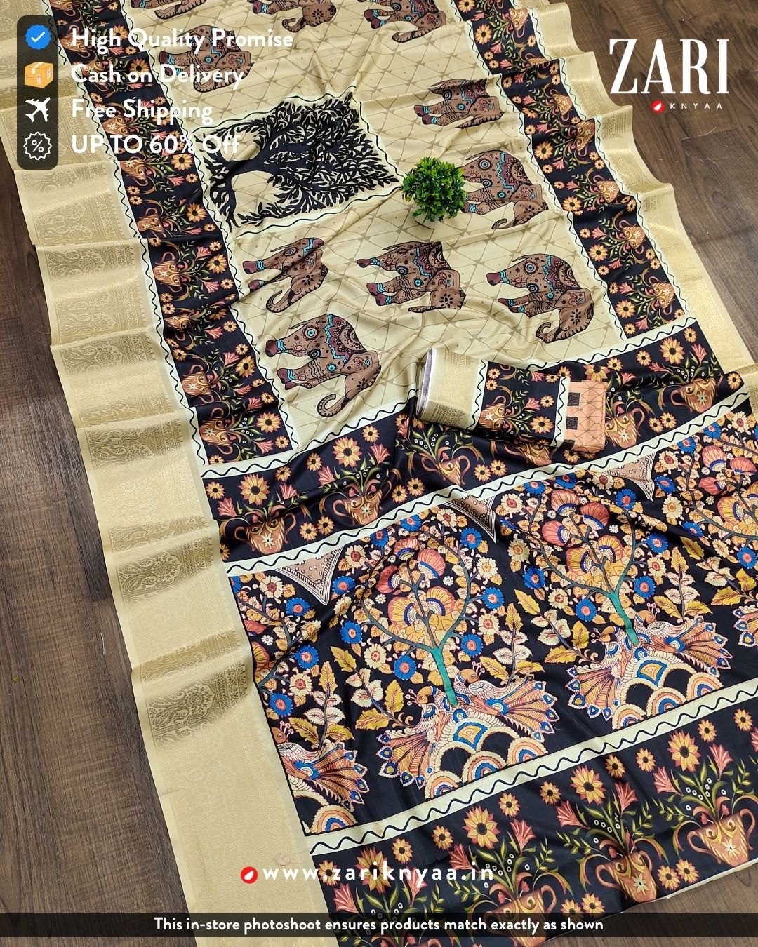 Ganesha Pure Viscouse Dola silk Digital Printed Kalamkari saree with Kanjivaram Border