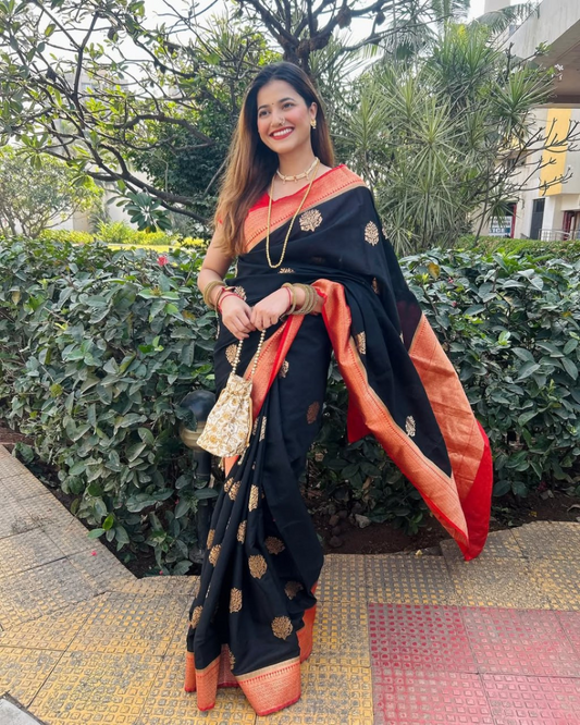 Varnika - Black Saree with Rust Orange Zari Border