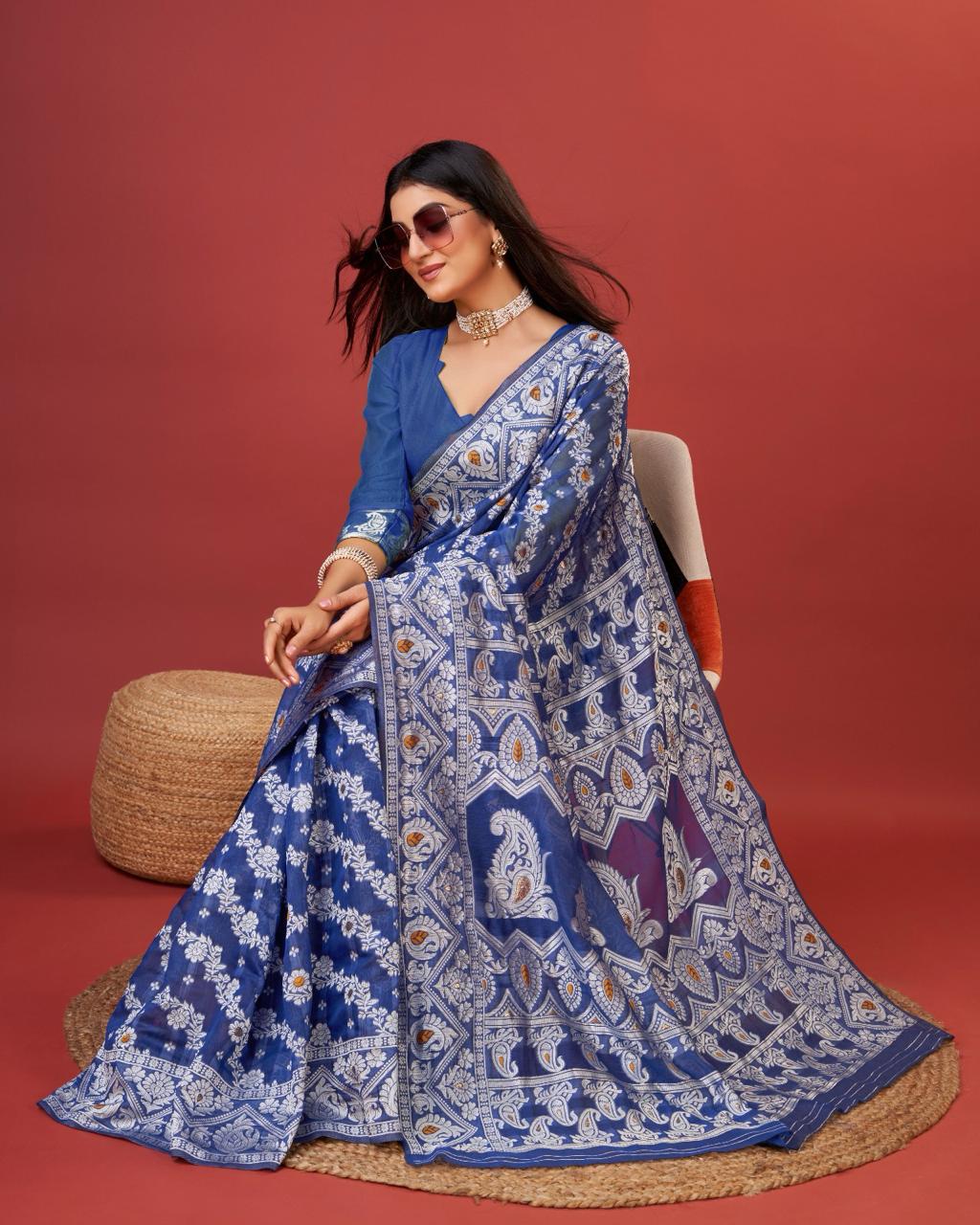 Kenvi Blue Banarasi Silk Saree