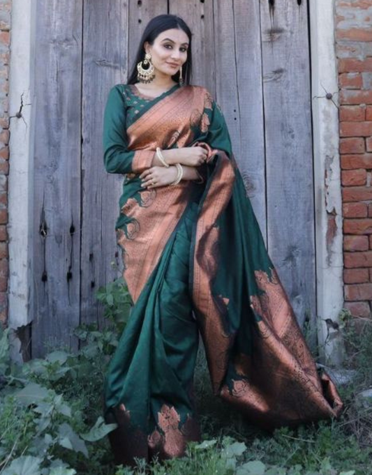 Jivika Dark Green Banarasi Silk Saree