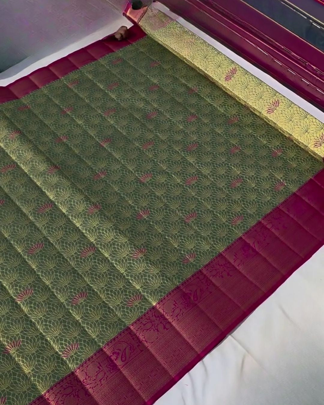 Sinjini - Olive Green  Silk Saree with Gold Zari Border