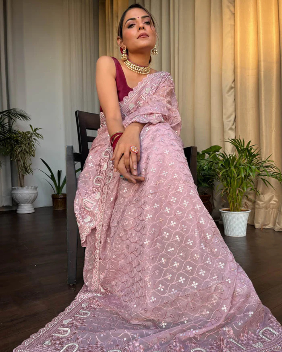 Blush Serenity - Embroidered Net Sare