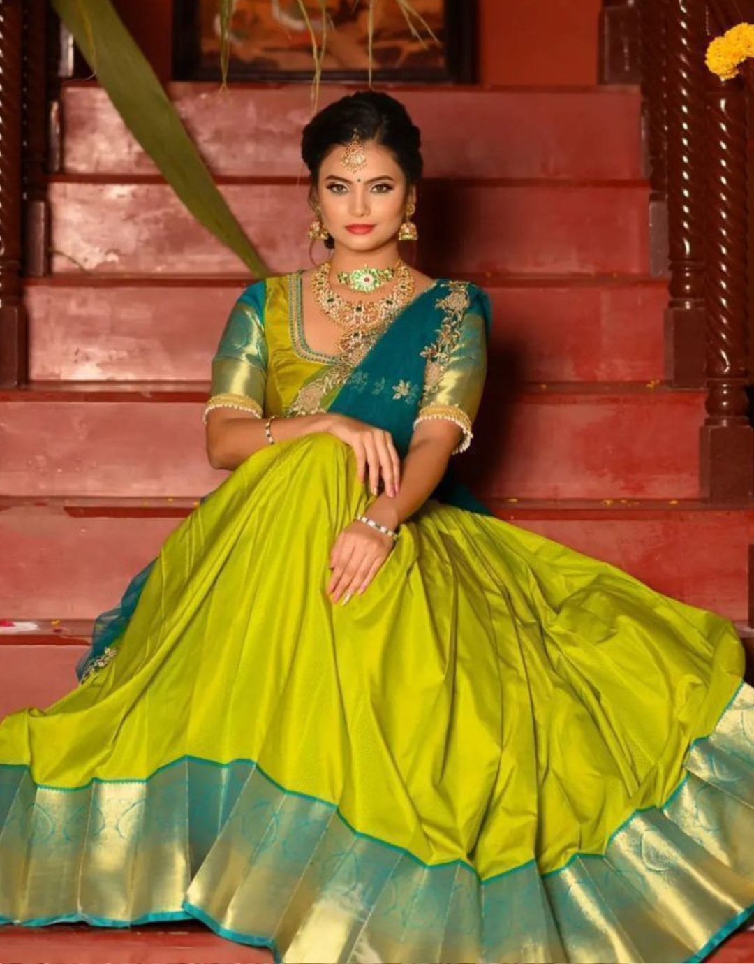 Jiya Musted Yellow-Rama Green Kanchipuram Lehenga Choli