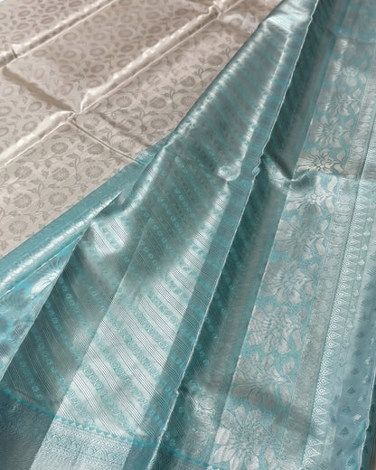 Maithili - Ivory Aqua Floral Weave Saree