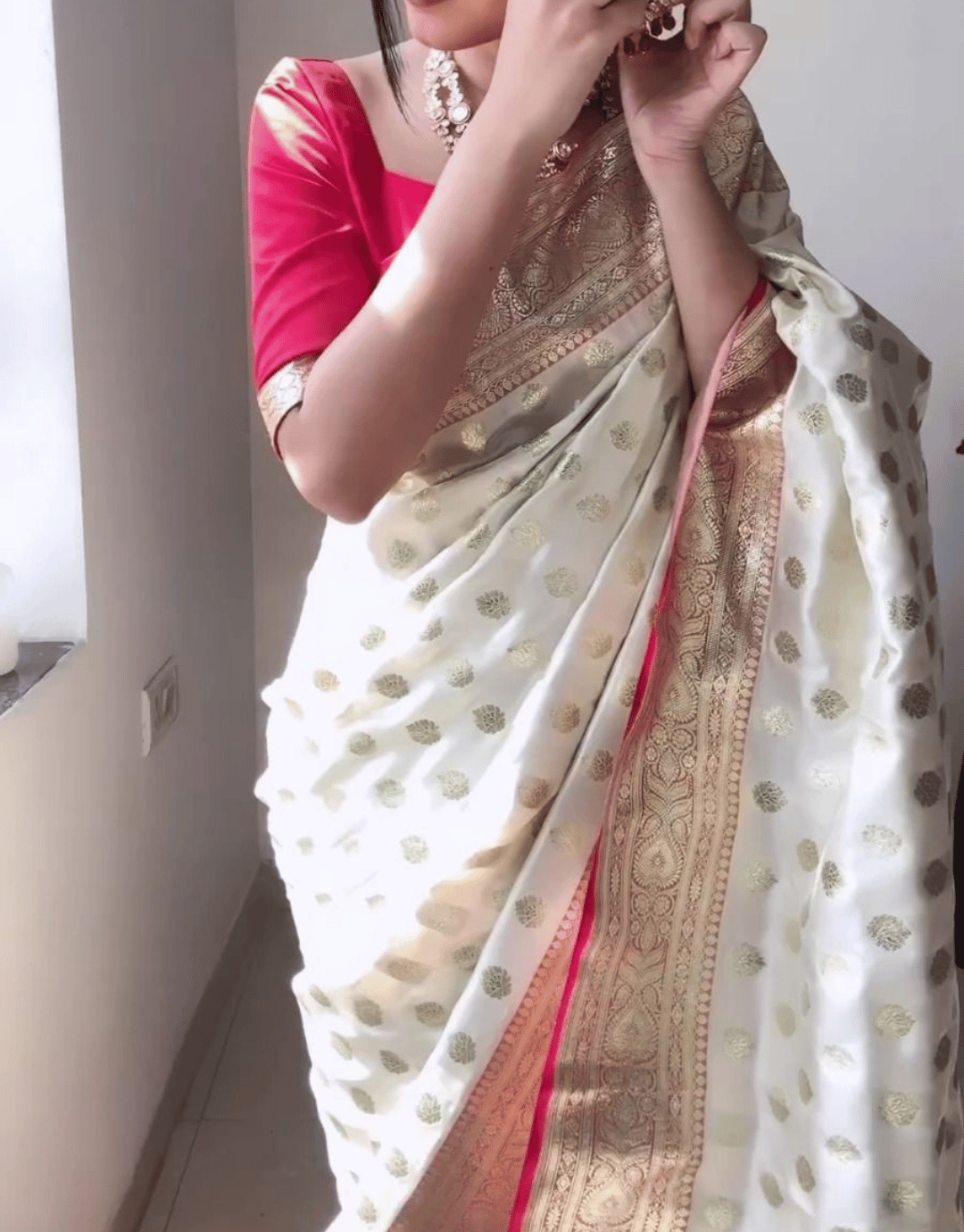 Rihana White Litchi Silk Ready to Wear Saree