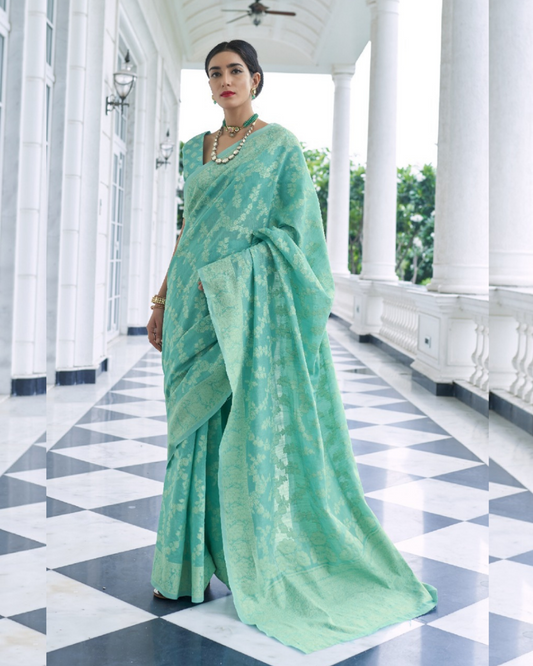 Turquoise Aakshi Lucknowi Cotton Silk Saree