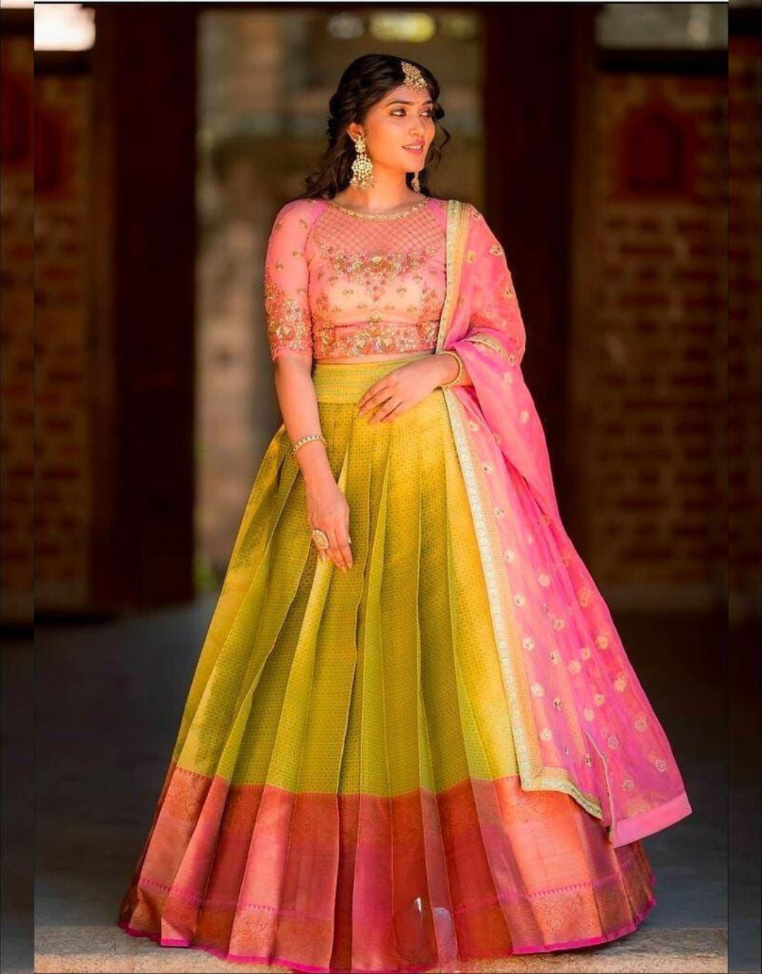 Manvi Yellow-Pink Kanchipuram Lahengha Choli