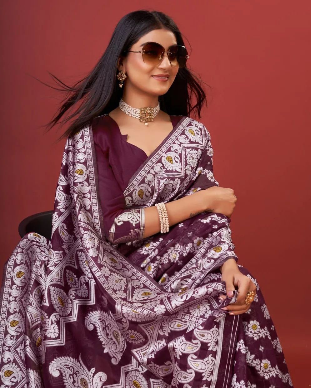 Kenvi Wine Banarasi Silk Saree