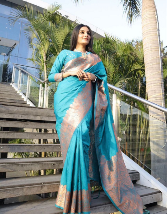 Heena Turquoise Blue Banarasi Silk Saree