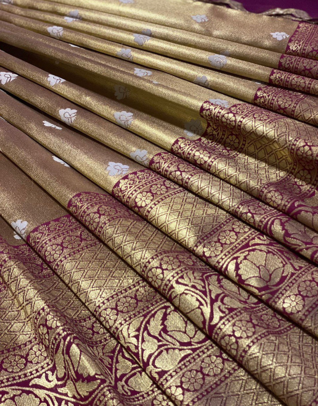 Ishita Beige Kanchipuram Silk Lahenghas With Wine Dupatta