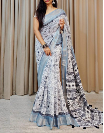 Priyanshi Grey Linen Cotton Saree With Adorable Blouse Piece