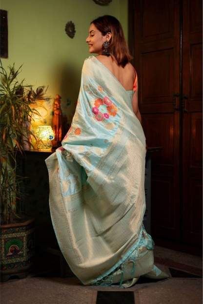 Aqua Allure - Floral Silk Saree