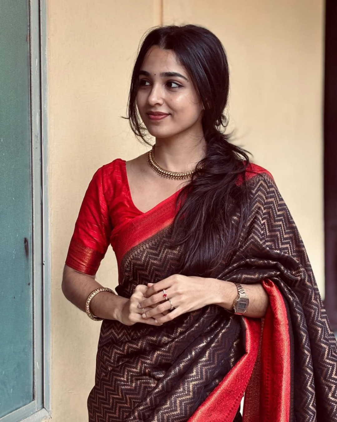 Nivriti - Coffee Brown Handloom Saree with Red Border