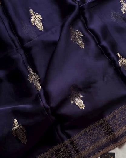 Varuni - Navy Blue Banarasi Silk Saree with Zari Floral Border