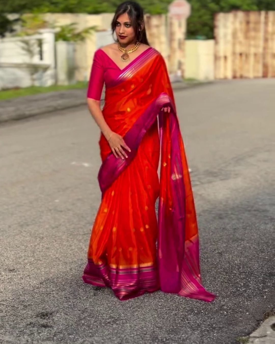 Neelima - Red Orange Soft Silk Saree with Zari Butta Border