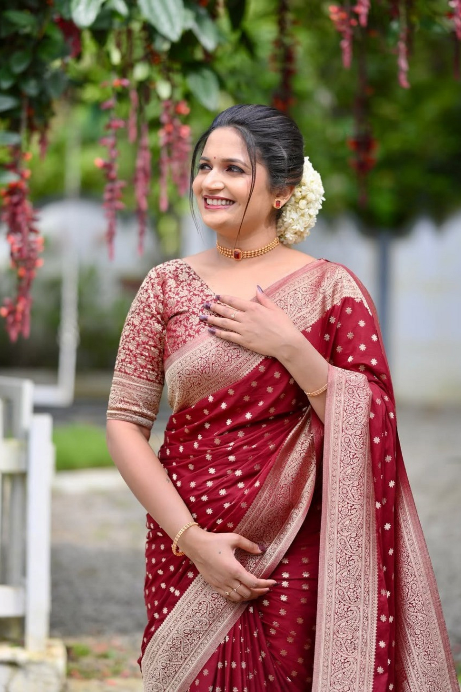 Meadow Breeze - Red Banarasi Soft Silk Saree