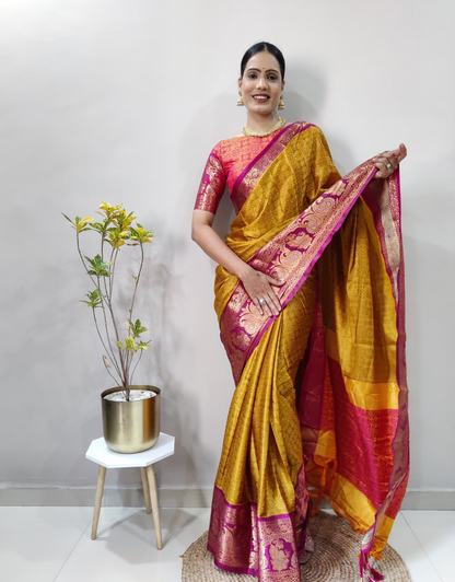 Ishika Musted Yellow-Purple Soft Silk Saree