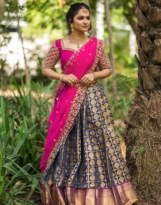 Siya Navy Blue-Deep Pink Kanchipuram Lehenga Choli