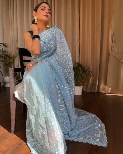 Azure Bloom - Organza Silk Saree