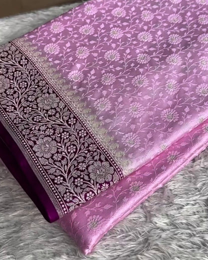 Avanti - Lavender Floral Banarasi Style Saree With Wine Border
