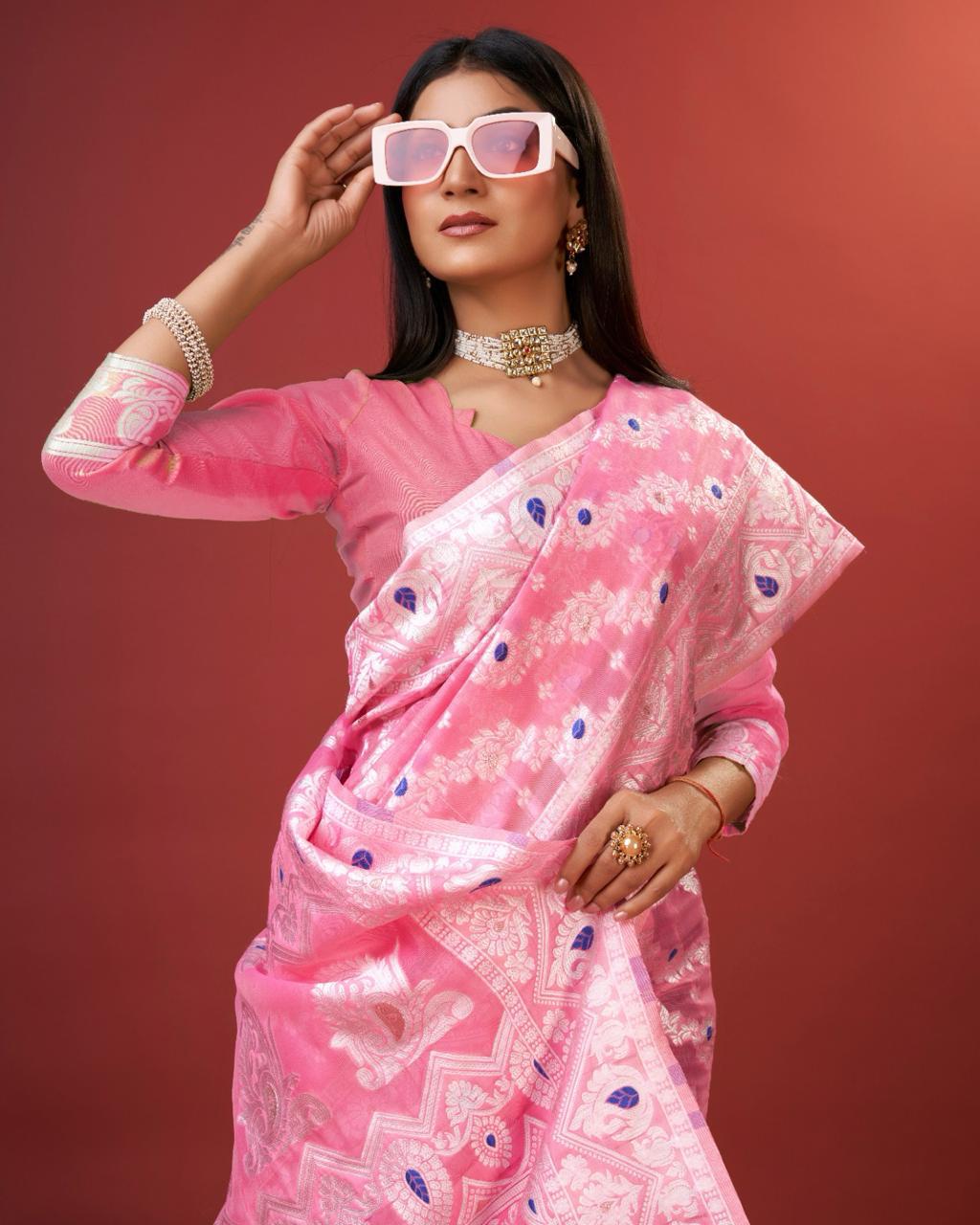 Kenvi Pink Banarasi Silk Saree