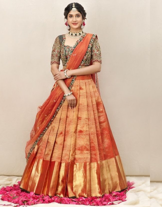 Kalpana Dark Green-Orange Kanchipuram Lehenga Choli