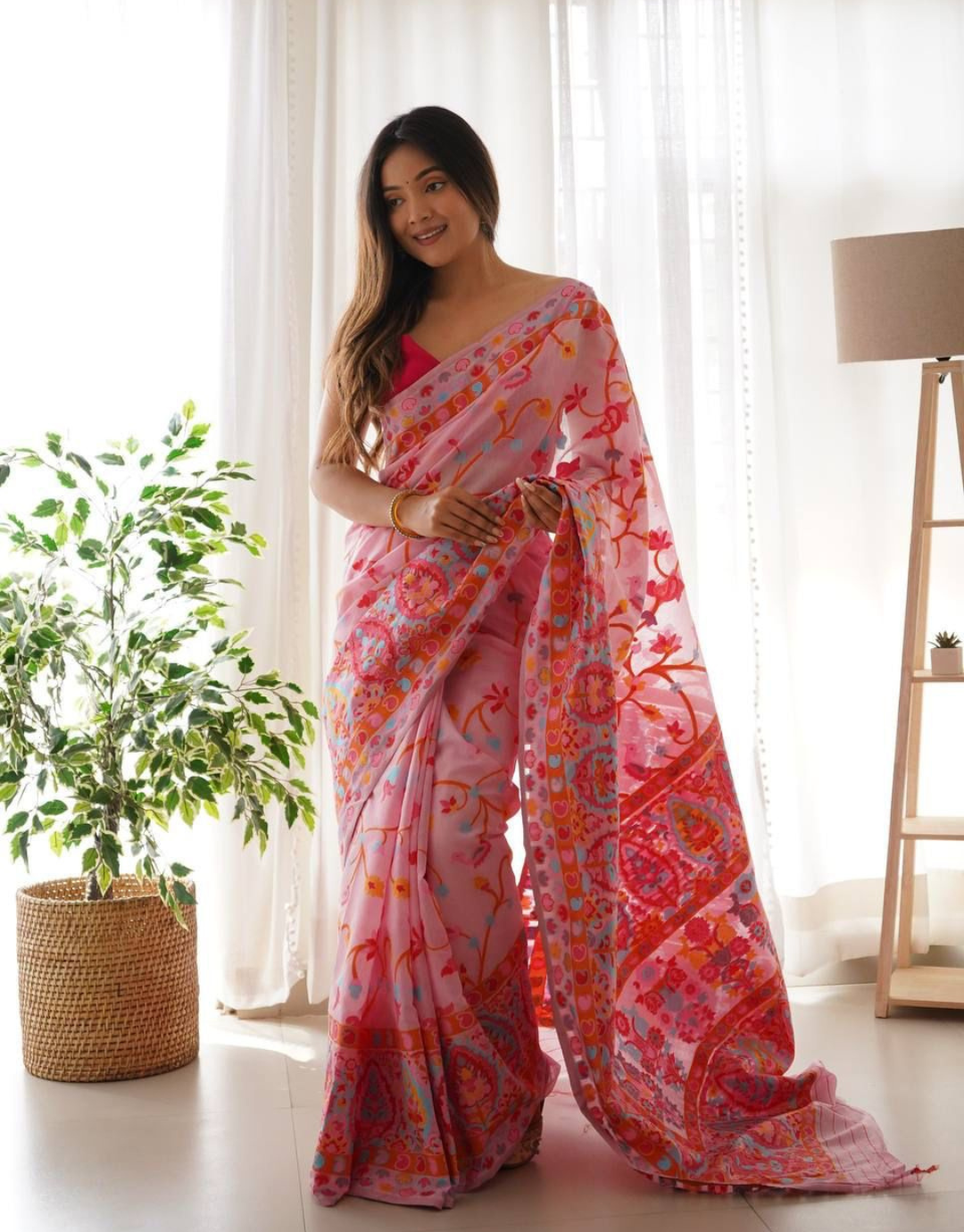 Mahira Pink Cotton Woven Kashmiri Saree