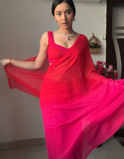 Ziya Pink And Red Ready To Wear Soft Silk Saree