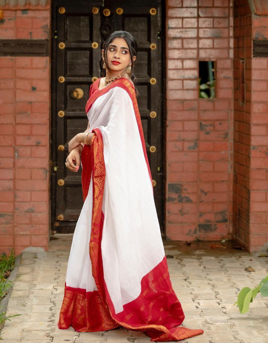 Janki White-Red Banarasi Silk Saree