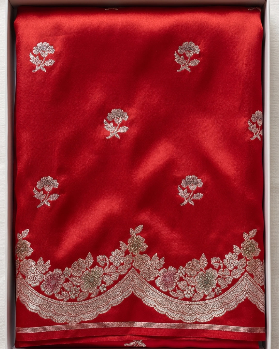 Vishwa - Rich Red Silk Saree With Silver Floral Border