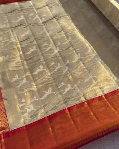 Freya - Champagne Crane Woven Kanjivaram Silk Saree